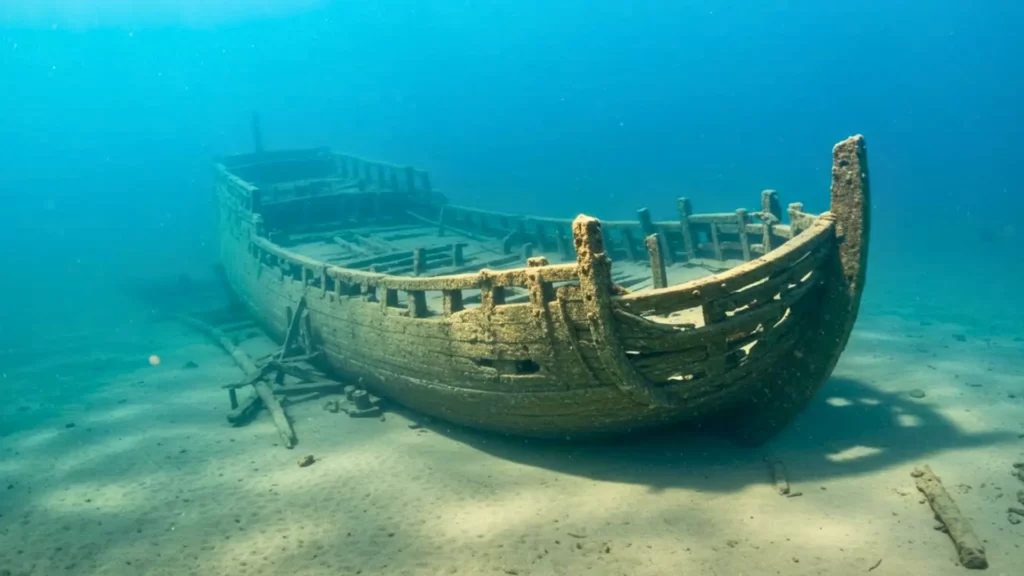 Épave d’un navire marchand médiéval en bois reposant intacte sur le fond marin, révélant sa structure et sa coque.