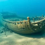 Épave d’un navire marchand médiéval en bois reposant intacte sur le fond marin, révélant sa structure et sa coque.