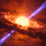 Illustration d’une étoile géante en formation émettant des jets de matière énergétiques au cœur d’un nuage de gaz dans la Voie lactée