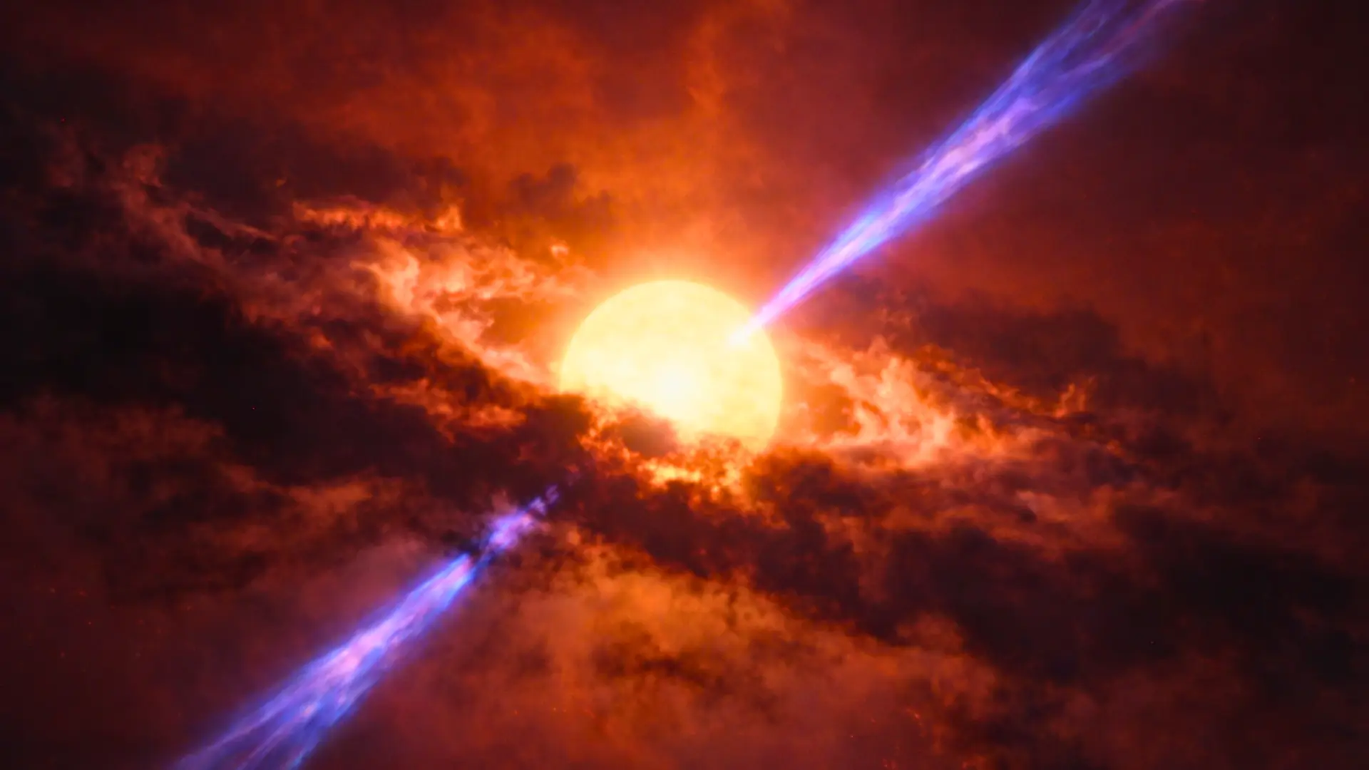 Illustration d’une étoile géante en formation émettant des jets de matière énergétiques au cœur d’un nuage de gaz dans la Voie lactée