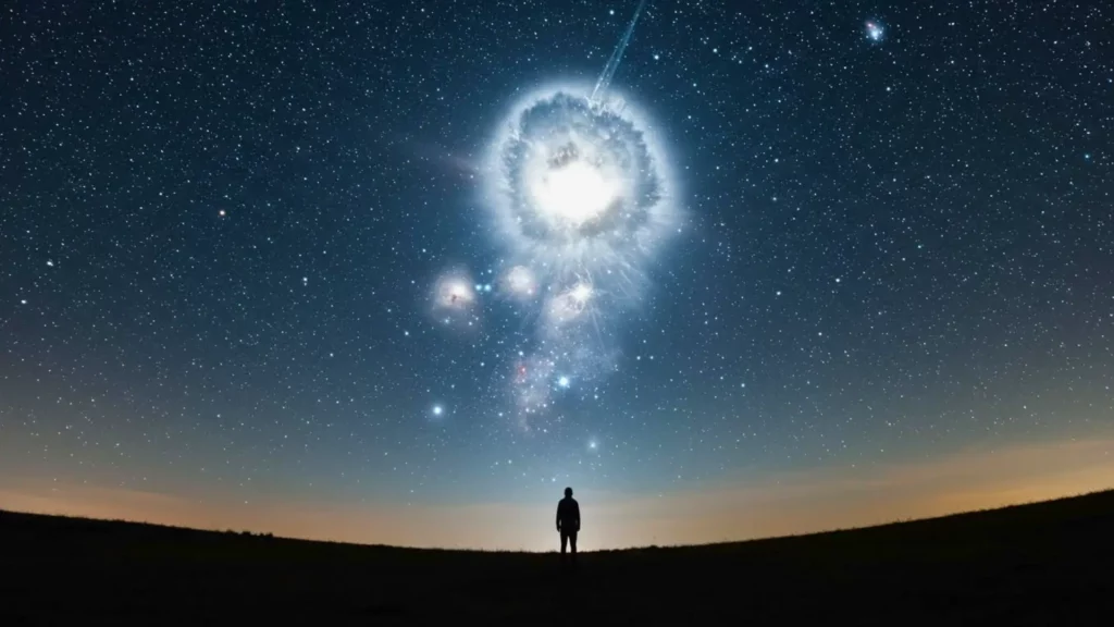 Silhouette humaine observant une explosion stellaire lumineuse dans un ciel étoilé, illustrant un événement cosmique majeur visible depuis la Terre
