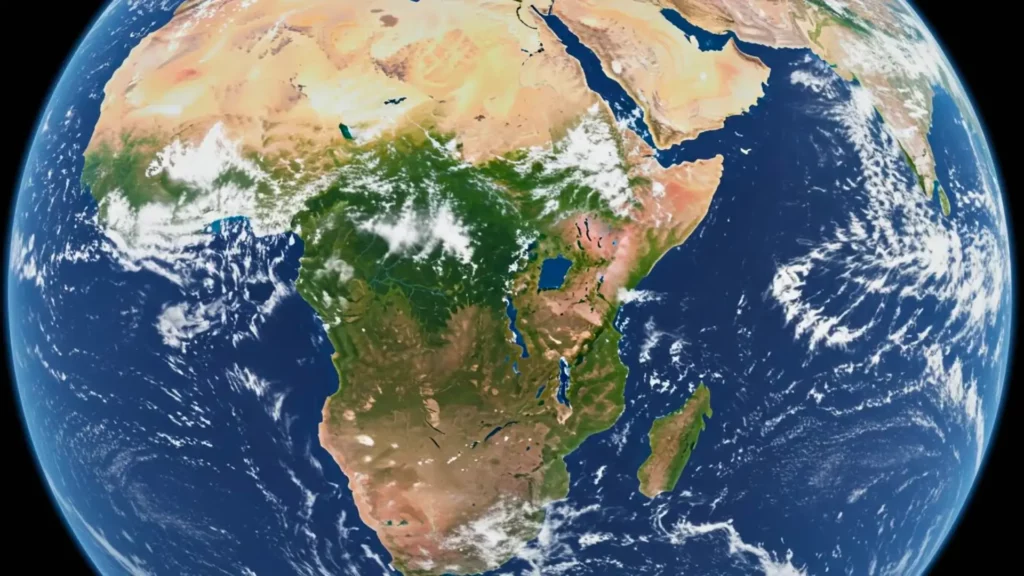 Vue satellite de l’Afrique montrant le Rift est-africain, zone de fracture tectonique où l’Afrique de l’Est se détache progressivement du continent.