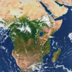 Vue satellite de l’Afrique montrant le Rift est-africain, zone de fracture tectonique où l’Afrique de l’Est se détache progressivement du continent.