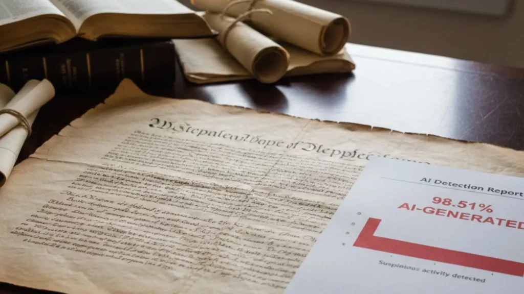 Déclaration d’Indépendance américaine analysée par un détecteur d’IA indiquant 98,51 % de texte généré artificiellement