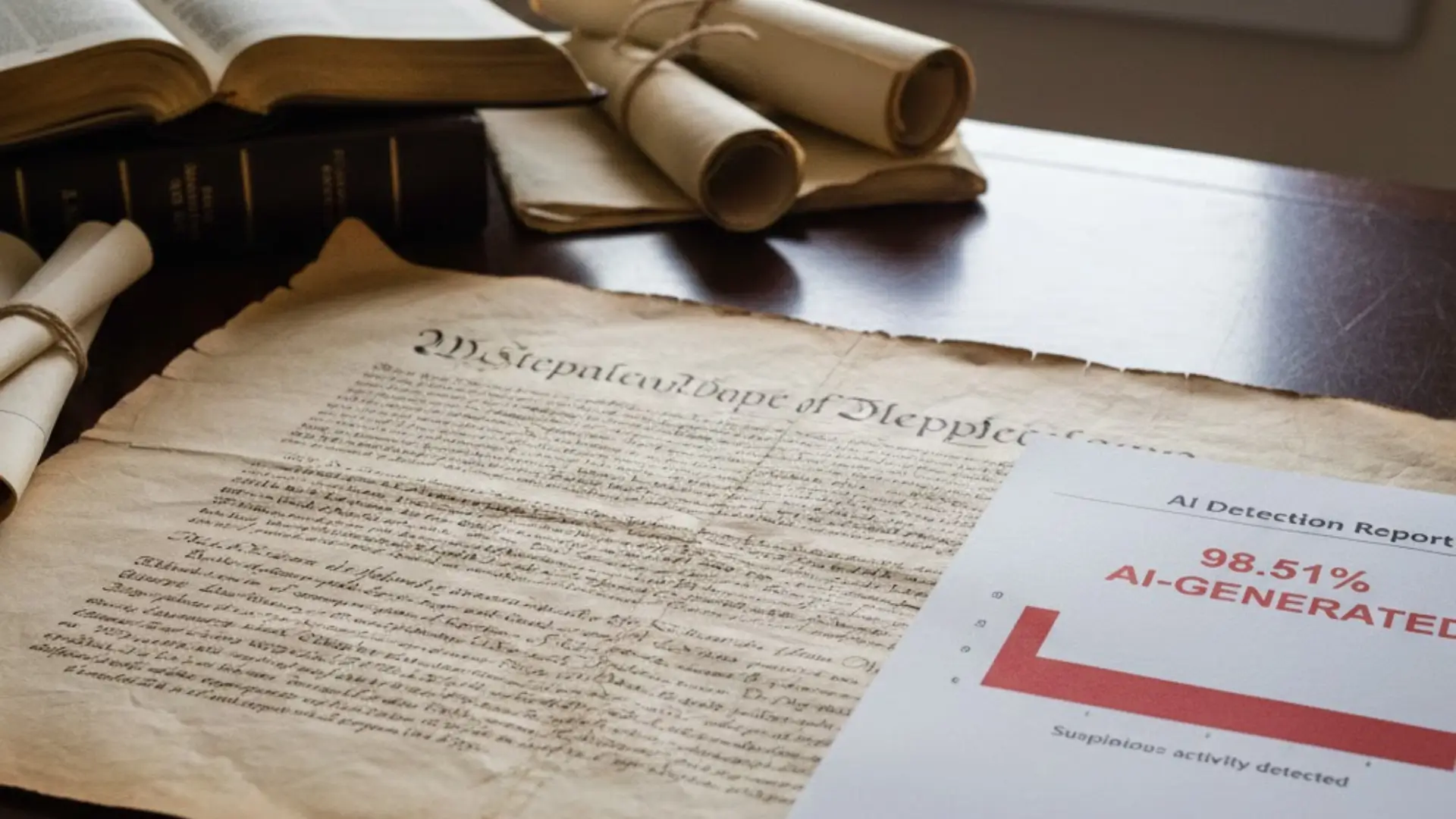 Déclaration d’Indépendance américaine analysée par un détecteur d’IA indiquant 98,51 % de texte généré artificiellement