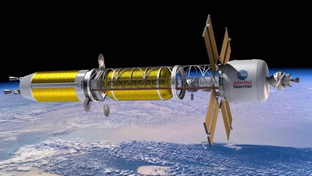 Un vaisseau spatial conceptuel de la NASA à propulsion nucléaire en orbite au-dessus de la Terre.