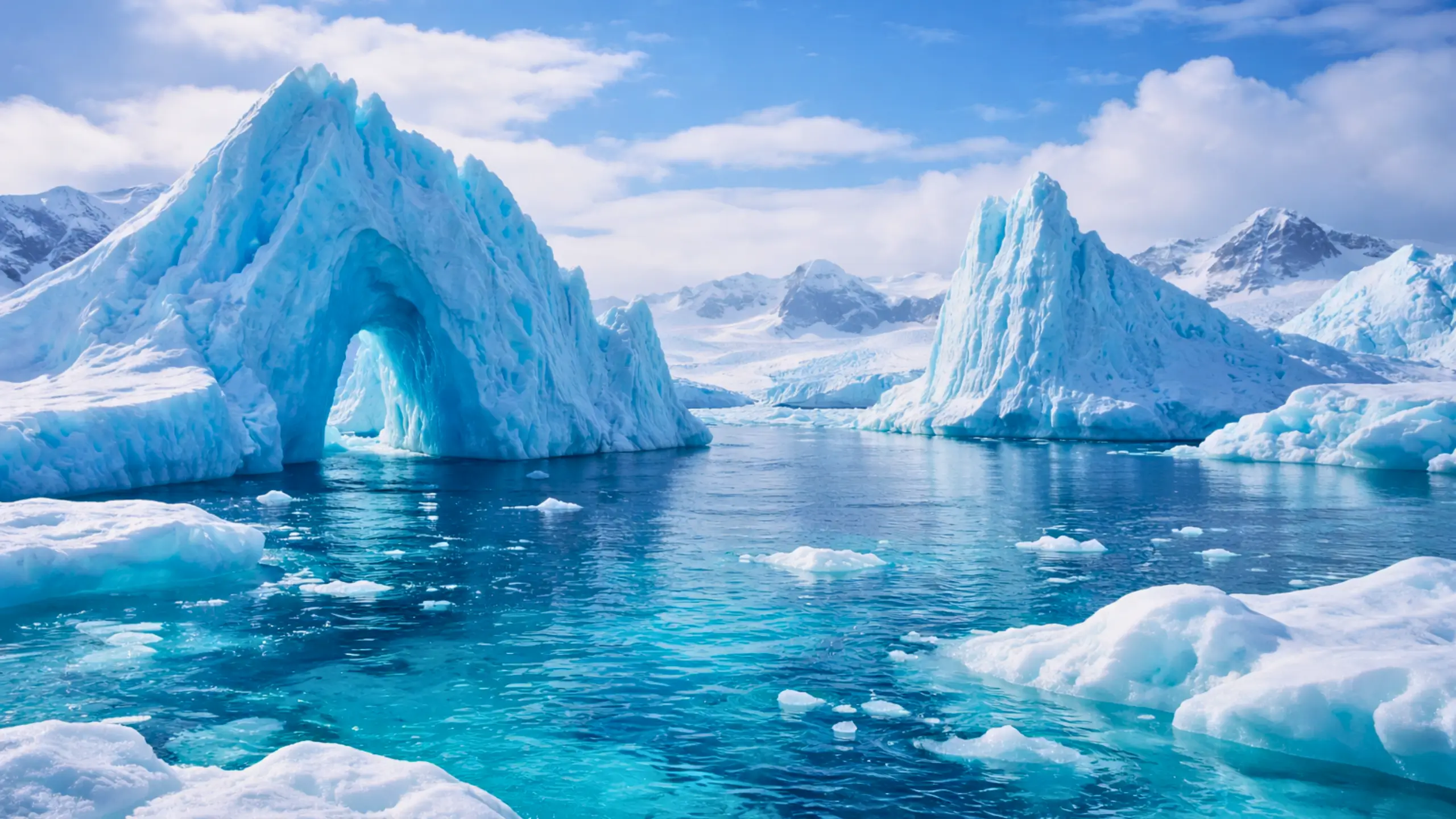 Des icebergs majestueux flottent dans une mer glacée aux reflets turquoise, sous un ciel limpide en Arctique.