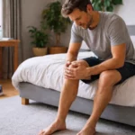 Jeune adulte assis sur un lit tenant son genou douloureux, illustrant les premiers signes d’arthrose précoce.