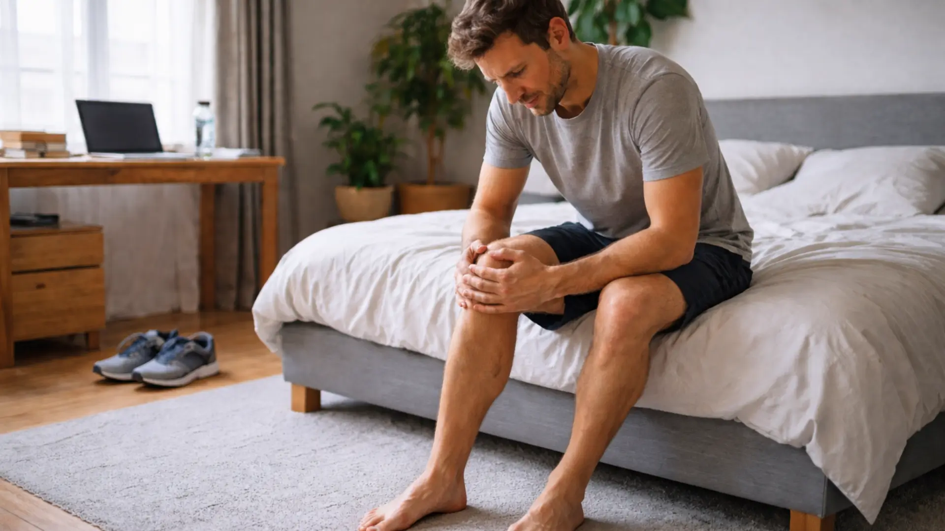 Jeune adulte assis sur un lit tenant son genou douloureux, illustrant les premiers signes d’arthrose précoce.