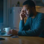 Homme inquiet consultant son ordinateur portable la nuit après une possible arnaque ou fuite de données personnelles liée à l’intelligence artificielle