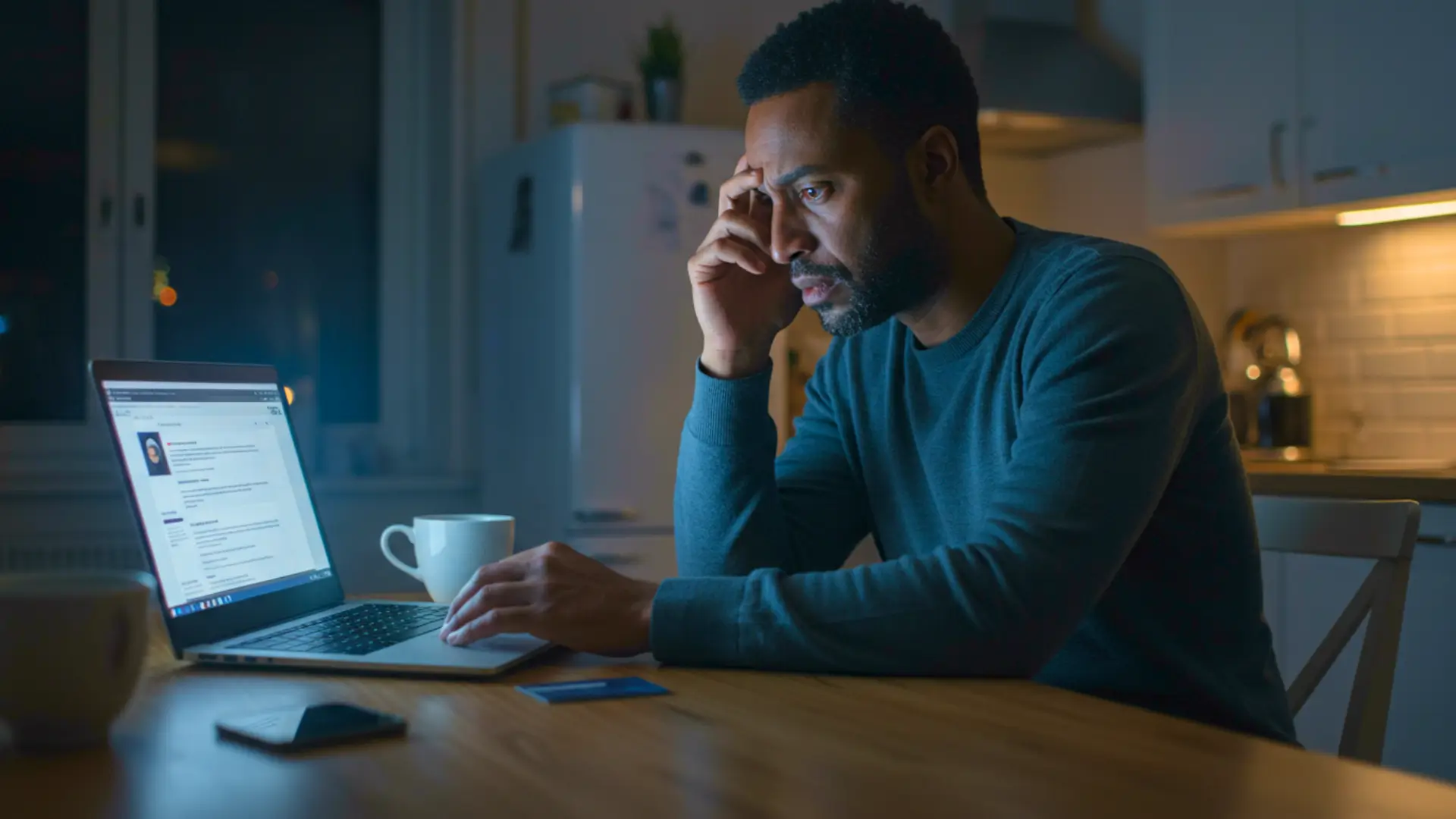 Homme inquiet consultant son ordinateur portable la nuit après une possible arnaque ou fuite de données personnelles liée à l’intelligence artificielle