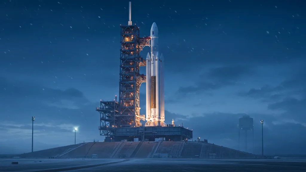 Fusée SLS de la NASA sur son pas de tir au Centre spatial Kennedy avant la mission Artemis vers la Lune