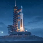 Fusée SLS de la NASA sur son pas de tir au Centre spatial Kennedy avant la mission Artemis vers la Lune