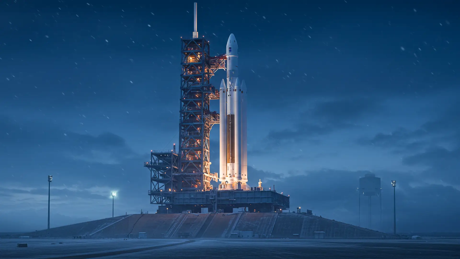 Fusée SLS de la NASA sur son pas de tir au Centre spatial Kennedy avant la mission Artemis vers la Lune