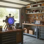Réacteur expérimental de fusion nucléaire installé dans un garage, avec plasma lumineux et équipement scientifique de laboratoire amateur