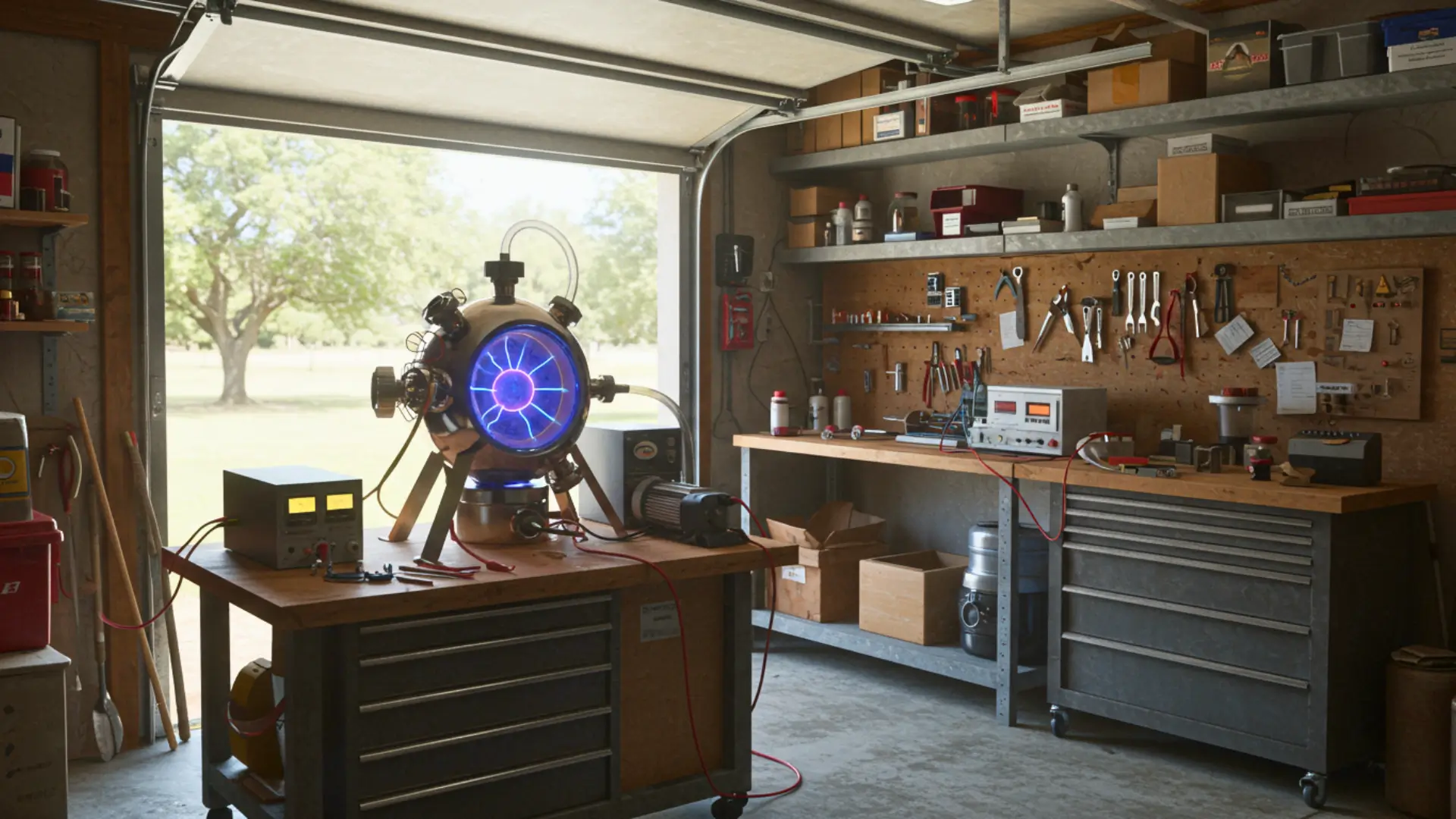 Réacteur expérimental de fusion nucléaire installé dans un garage, avec plasma lumineux et équipement scientifique de laboratoire amateur