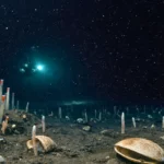 Écosystème abyssal observé à plus de 9 500 mètres de profondeur, avec vers tubicoles et coquillages vivant sous une pression extrême dans l’obscurité totale.