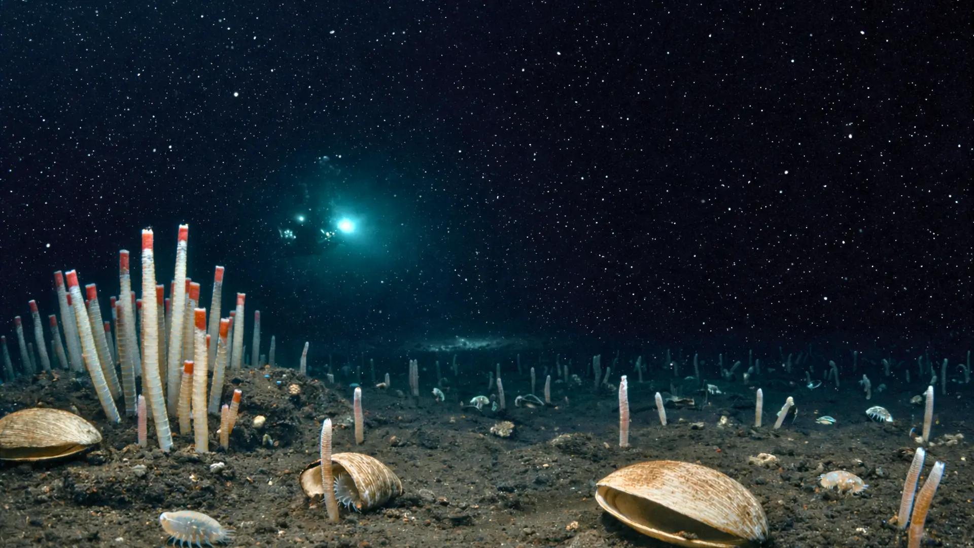 Écosystème abyssal observé à plus de 9 500 mètres de profondeur, avec vers tubicoles et coquillages vivant sous une pression extrême dans l’obscurité totale.