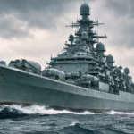 Le croiseur nucléaire russe Admiral Nakhimov naviguant en mer agitée sous un ciel sombre, montrant sa structure massive et vieillissante.