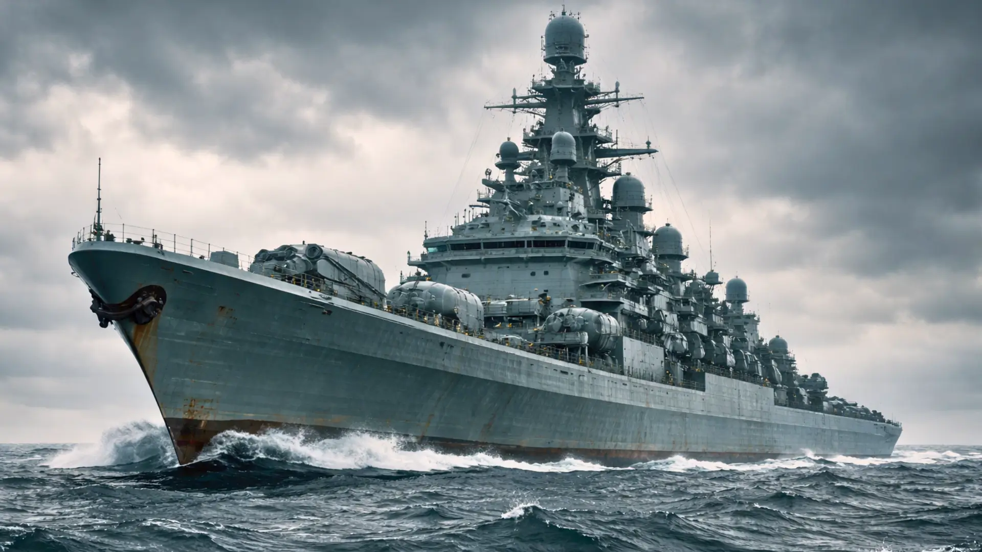 Le croiseur nucléaire russe Admiral Nakhimov naviguant en mer agitée sous un ciel sombre, montrant sa structure massive et vieillissante.