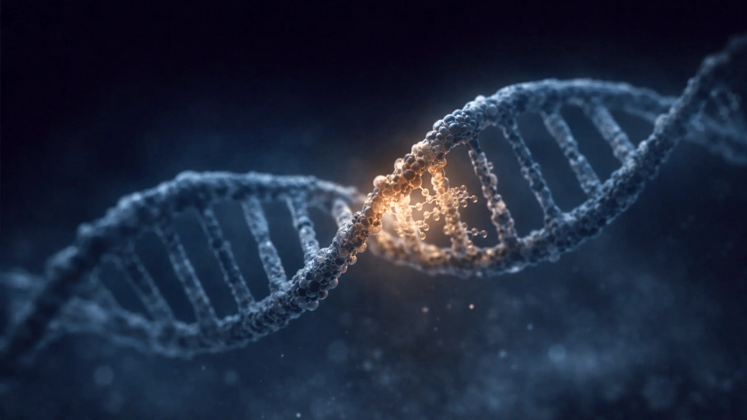 Gros plan réaliste d’une double hélice d’ADN humain, avec une section centrale nettement visible et le reste de la structure estompé dans l’obscurité.