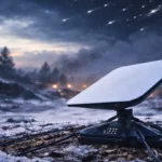 Antenne satellite Starlink posée sur un sol enneigé, isolée, sous un ciel sombre évoquant une coupure de communication.