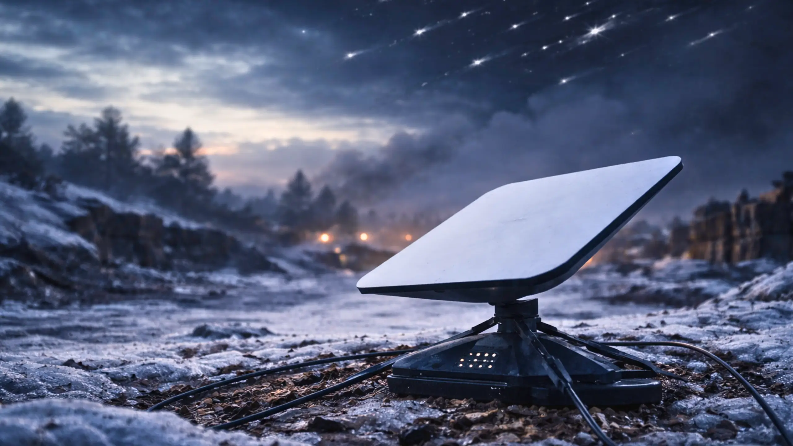 Antenne satellite Starlink posée sur un sol enneigé, isolée, sous un ciel sombre évoquant une coupure de communication.