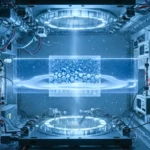 Représentation d’un supersolide en laboratoire quantique, montrant une structure cristalline flottante traversée par un flux lumineux