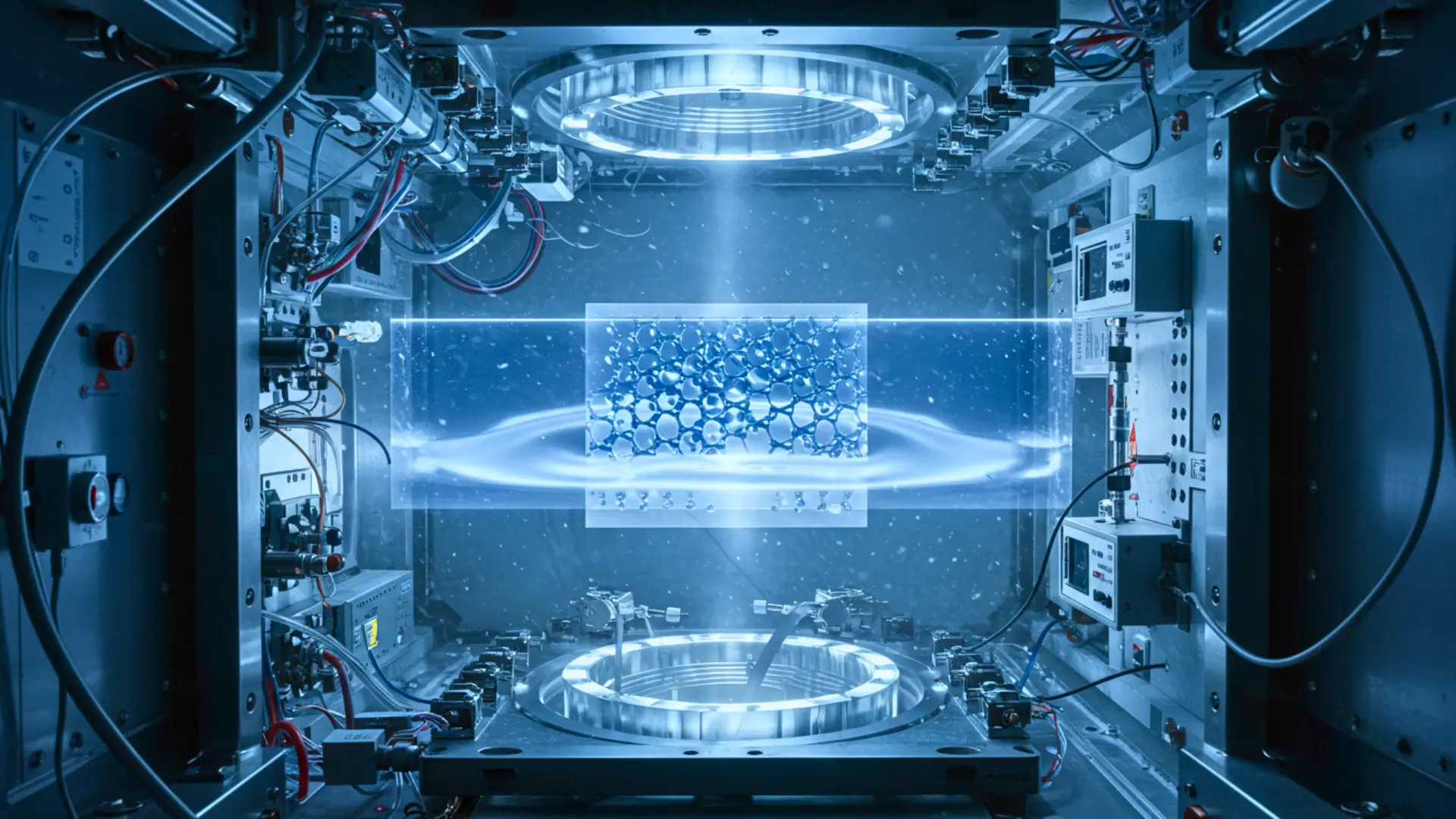Représentation d’un supersolide en laboratoire quantique, montrant une structure cristalline flottante traversée par un flux lumineux