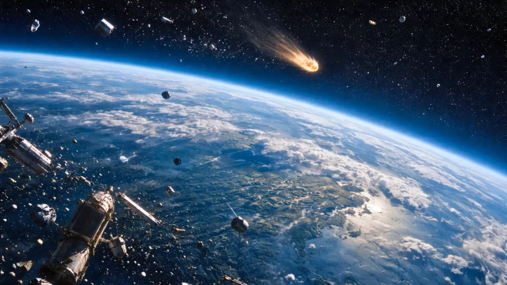 Débris spatiaux et fragments de satellites en orbite autour de la Terre, avec un objet entrant dans l’atmosphère à grande vitesse.