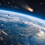 Débris spatiaux et fragments de satellites en orbite autour de la Terre, avec un objet entrant dans l’atmosphère à grande vitesse.
