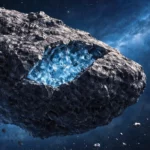 Astéroïde sombre de type carboné avec une fracture révélant de la glace cristalline, flottant dans l’espace avec la Terre visible au loin.