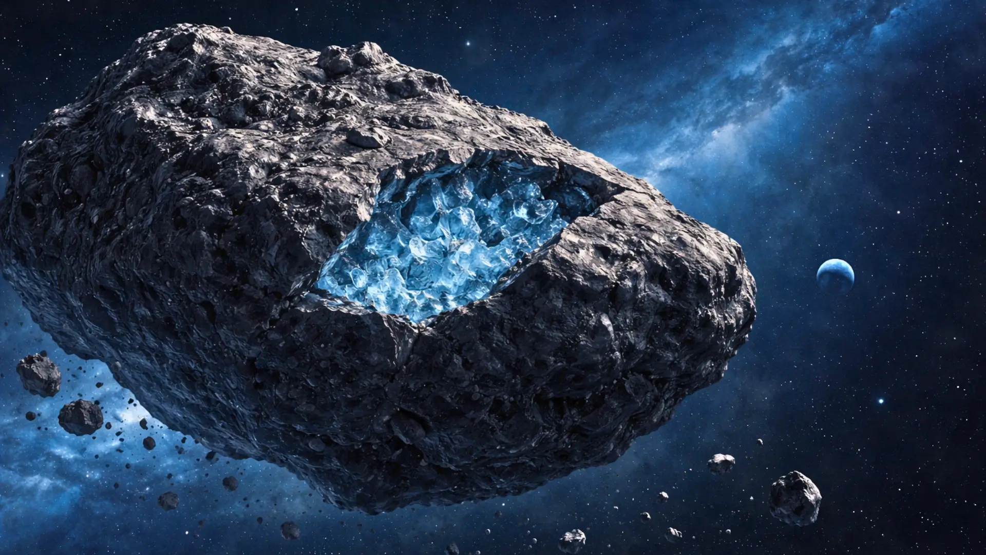 Astéroïde sombre de type carboné avec une fracture révélant de la glace cristalline, flottant dans l’espace avec la Terre visible au loin.