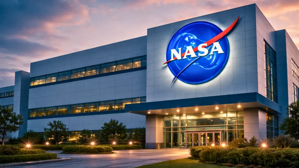 Façade moderne d’un bâtiment de la NASA au crépuscule, avec le logo officiel illuminé sur le mur principal.