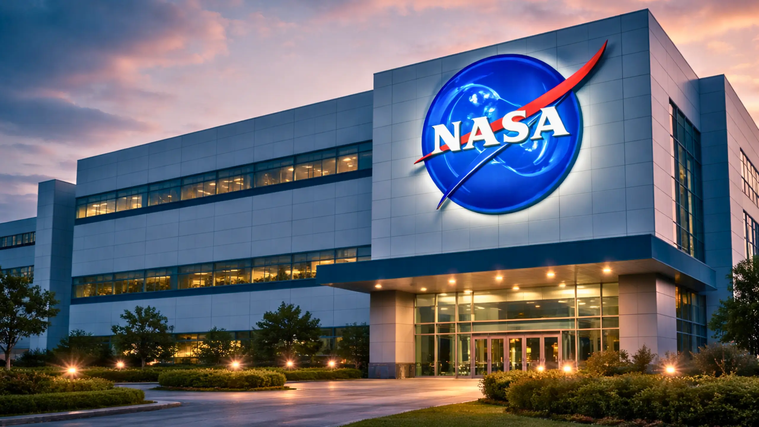 Façade moderne d’un bâtiment de la NASA au crépuscule, avec le logo officiel illuminé sur le mur principal.