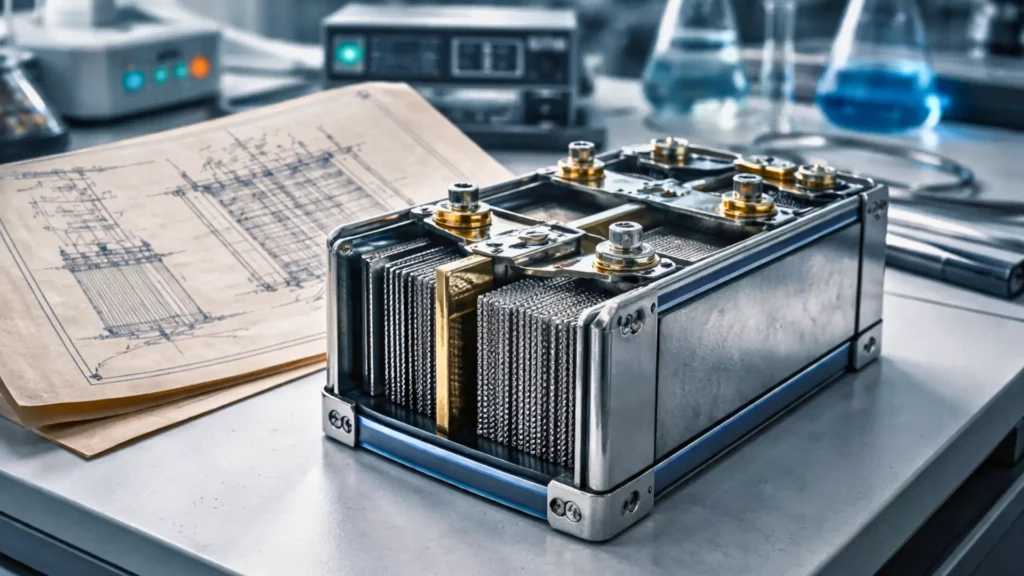 Prototype moderne de batterie nickel-fer ouvert dans un laboratoire, révélant ses électrodes métalliques inspirées de l’invention de Thomas Edison.