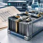 Prototype moderne de batterie nickel-fer ouvert dans un laboratoire, révélant ses électrodes métalliques inspirées de l’invention de Thomas Edison.