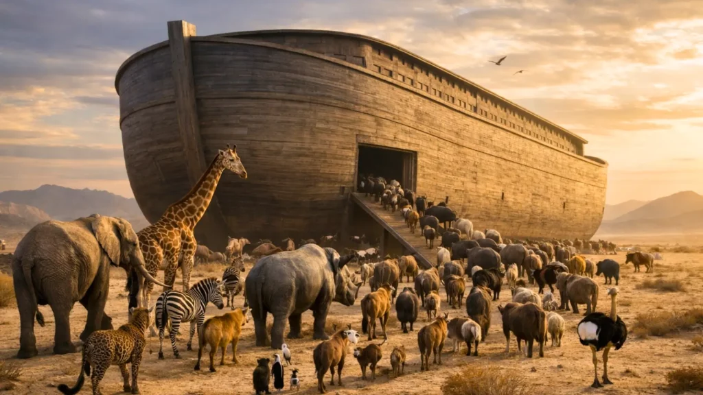 Une immense arche moderne dans le désert accueille une foule d’animaux sauvages se dirigeant vers son entrée, symbole d’une réserve génétique mondiale.