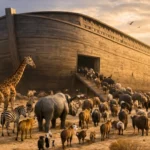 Une immense arche moderne dans le désert accueille une foule d’animaux sauvages se dirigeant vers son entrée, symbole d’une réserve génétique mondiale.