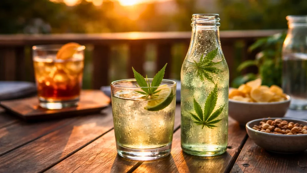 Deux verres posés sur une table au coucher du soleil, dont une boisson infusée au cannabis placée au premier plan face à un cocktail alcoolisé en arrière-plan.