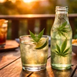 Deux verres posés sur une table au coucher du soleil, dont une boisson infusée au cannabis placée au premier plan face à un cocktail alcoolisé en arrière-plan.