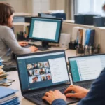 Agents publics travaillant sur des ordinateurs portables et écrans dans un bureau administratif, avec des dossiers papier et des outils numériques ouverts.