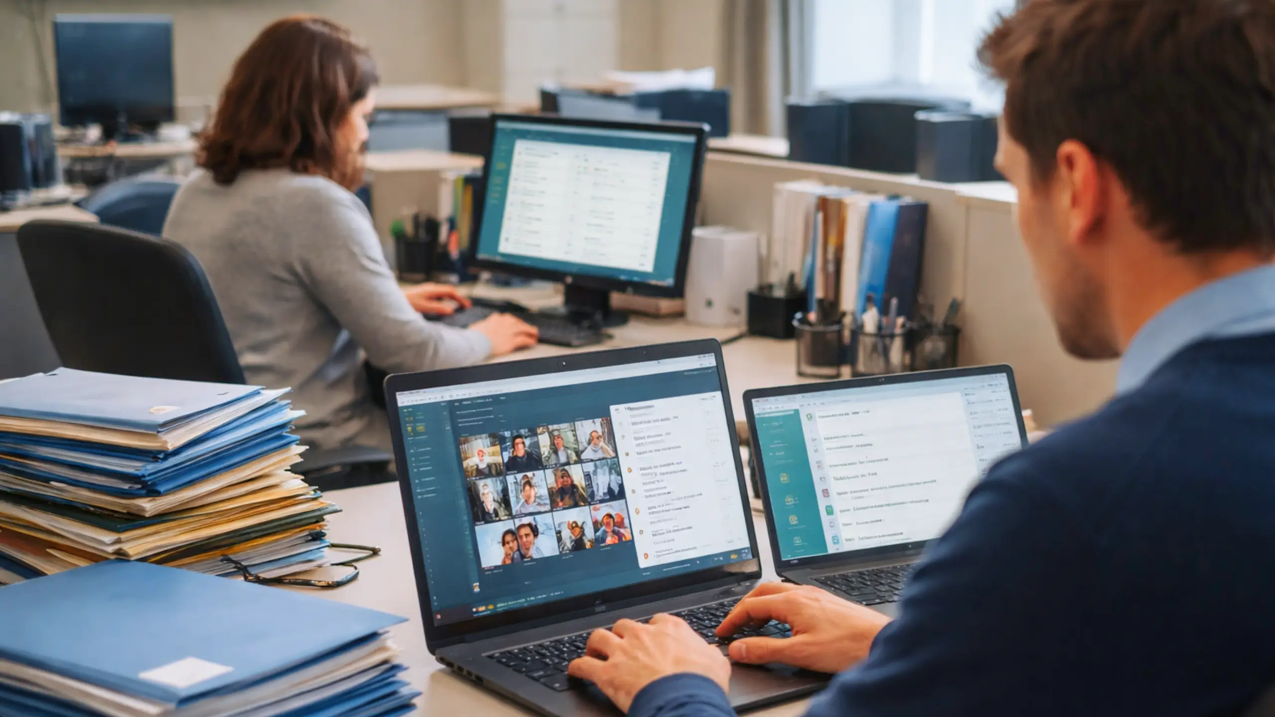 Agents publics travaillant sur des ordinateurs portables et écrans dans un bureau administratif, avec des dossiers papier et des outils numériques ouverts.