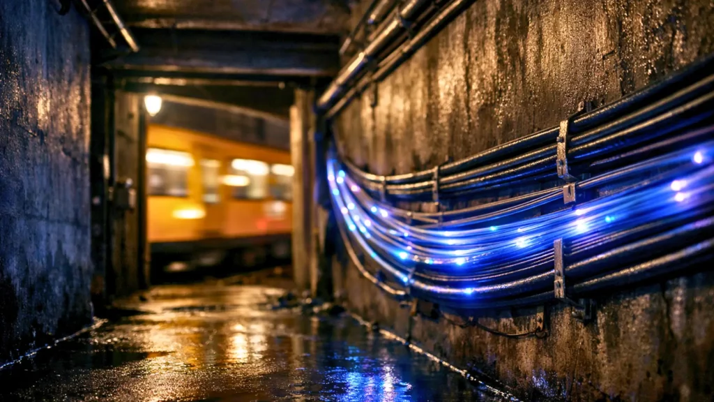 Des câbles de fibre optique lumineux longent les parois d’un tunnel souterrain humide à Berlin, éclairés par des pulsations bleues et violettes.