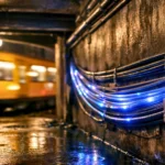 Des câbles de fibre optique lumineux longent les parois d’un tunnel souterrain humide à Berlin, éclairés par des pulsations bleues et violettes.