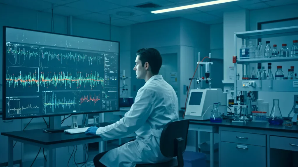 Chercheur analysant des données génomiques sur écran grâce à l’intelligence artificielle dans un laboratoire de recherche biomédicale