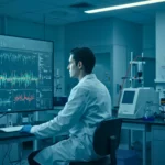 Chercheur analysant des données génomiques sur écran grâce à l’intelligence artificielle dans un laboratoire de recherche biomédicale