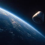 Une capsule spatiale flotte seule au-dessus de la Terre, à la frontière entre la lumière du soleil et l’ombre, dans le vide spatial.