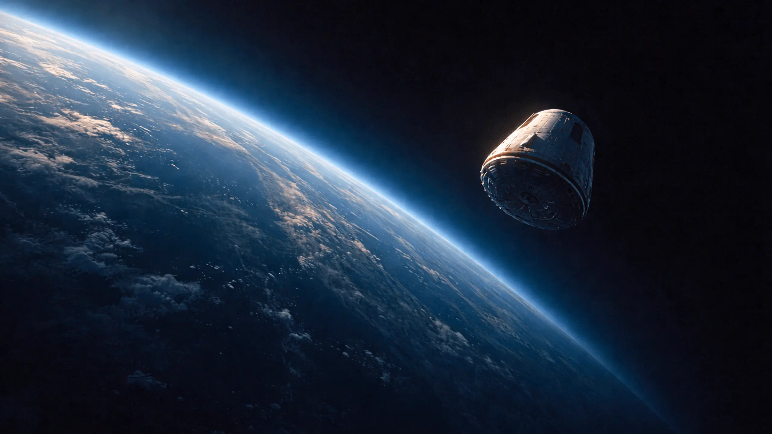 Une capsule spatiale flotte seule au-dessus de la Terre, à la frontière entre la lumière du soleil et l’ombre, dans le vide spatial.