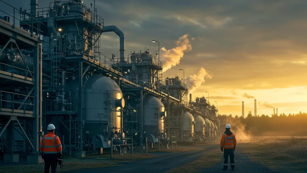 Installation industrielle de captage et stockage du CO₂ avec des techniciens surveillant des infrastructures énergétiques au lever du soleil.
